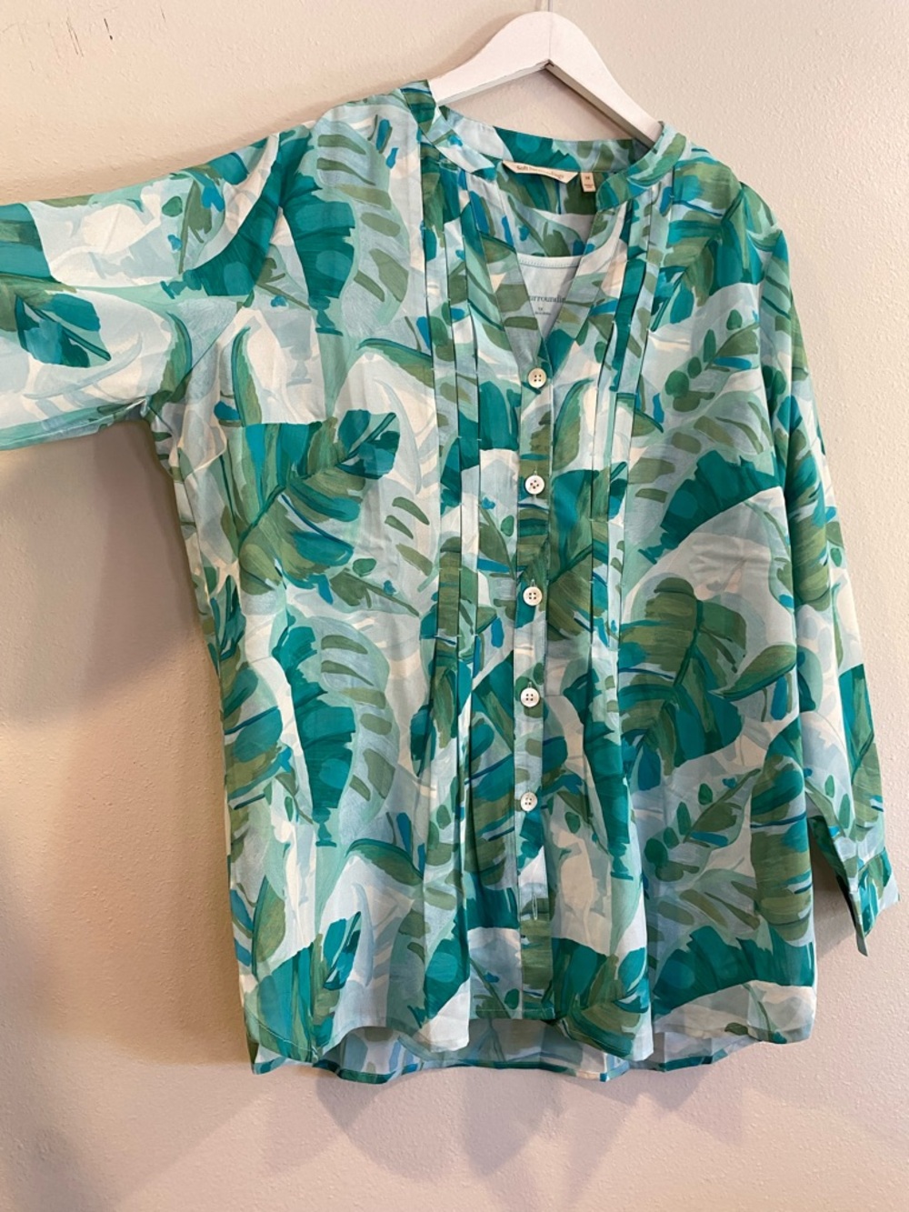Soft Surroundings Tropical Palm Pintuck Blouse with Cami Size 1X Teal Green - Picture 9 of 12